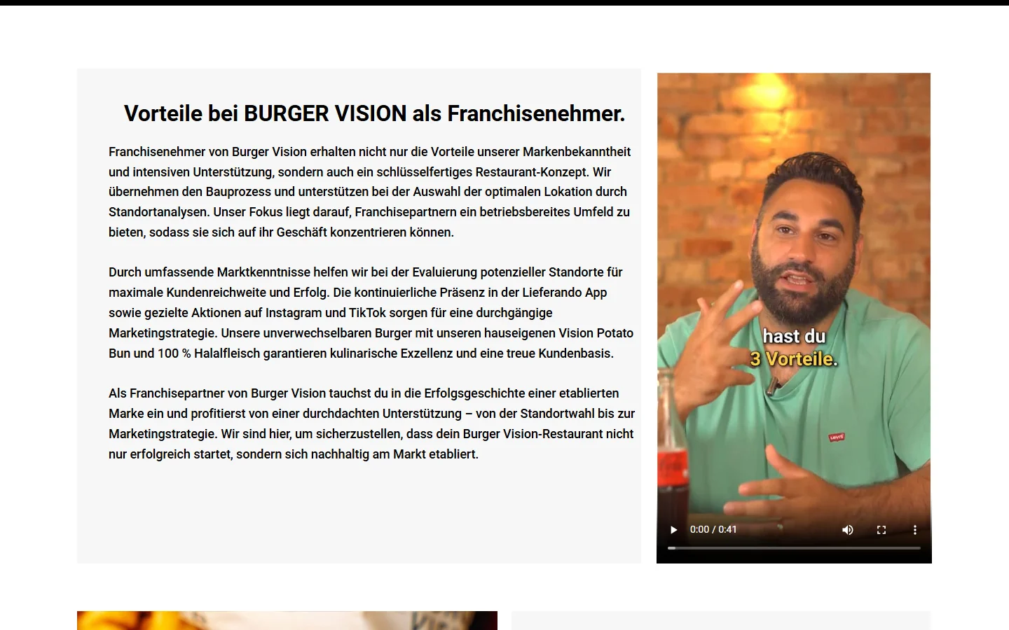 Website von BURGER VISION – Desktopansicht: Vorteile bei BURGER VISION als Franchisenehmer.