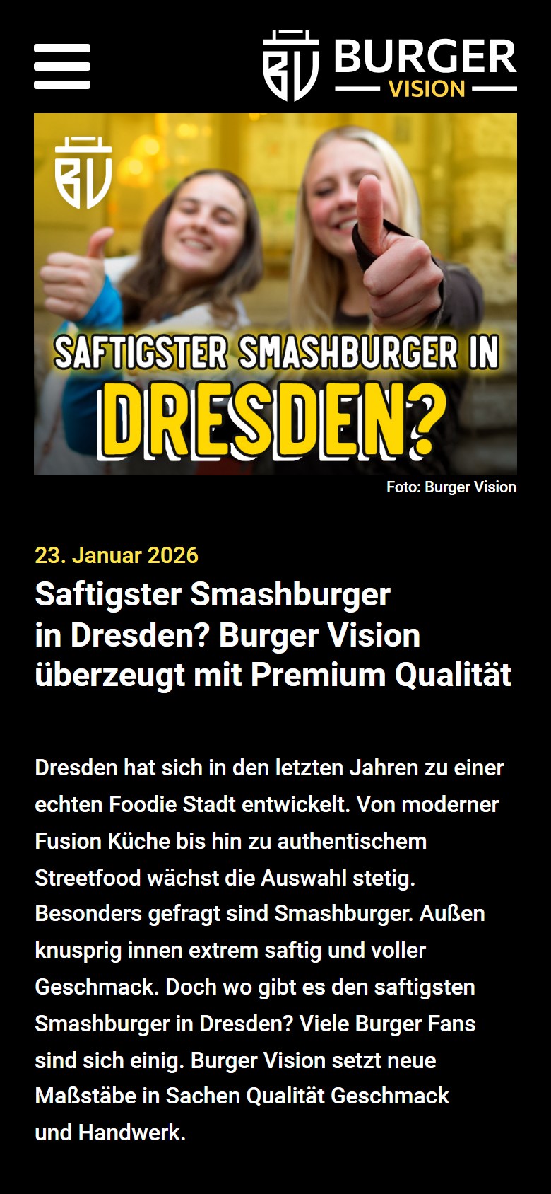 Website von BURGER VISION – Handyansicht: Saftigster Smashburger in Dresden? Burger Vision überzeugt m