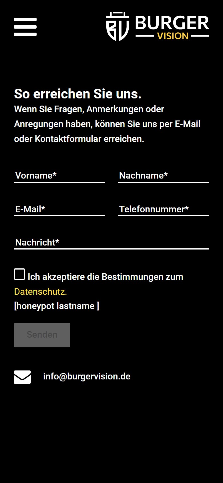 Website von BURGER VISION – Handyansicht: Kontakt