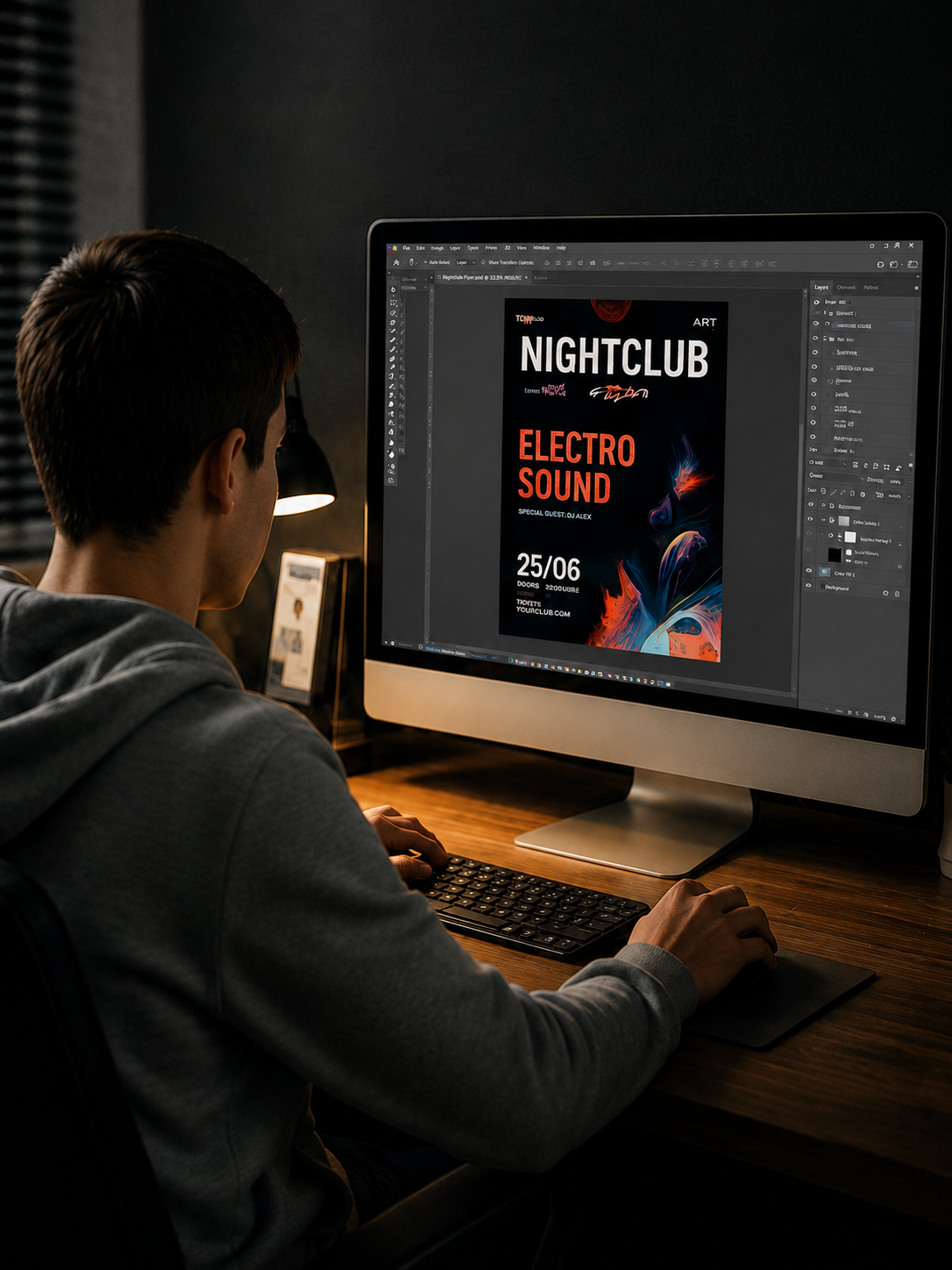 Cem Karahan arbeitet in seinen jungen Jahren an einem Desktop-PC professionell an einem modernen Flyerdesign in Adobe Photoshop. Der Arbeitsplatz ist stimmungsvoll beleuchtet und vermittelt eine kreative Atmosphäre im Grafikdesign.