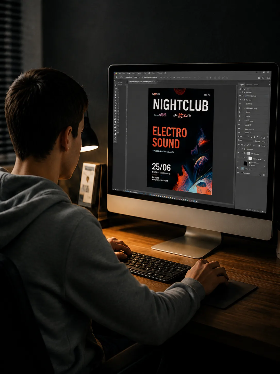 Cem Karahan arbeitet in seinen jungen Jahren an einem Desktop-PC professionell an einem modernen Flyerdesign in Adobe Photoshop. Der Arbeitsplatz ist stimmungsvoll beleuchtet und vermittelt eine kreative Atmosphäre im Grafikdesign.