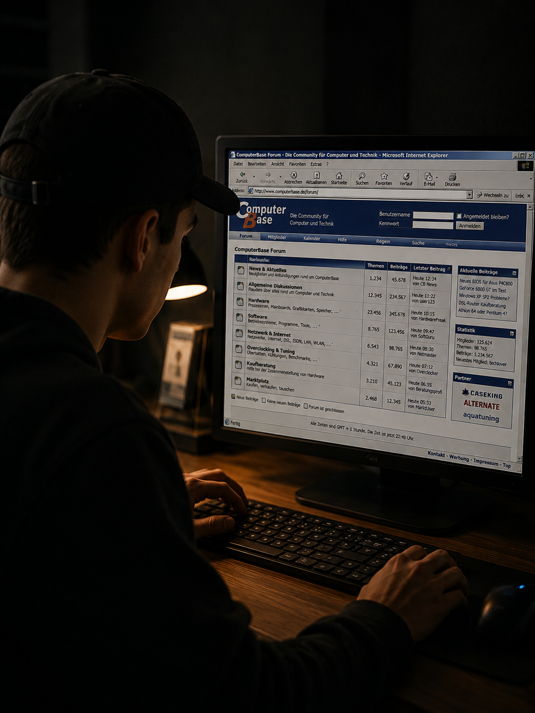 Cem Karahan sitzt an einem Desktop-PC und nutzt ein klassisches Computertechnik-Forum im Stil der frühen 2000er-Jahre, um Informationen zu Hardware, Software und PC-Technik zu recherchieren.