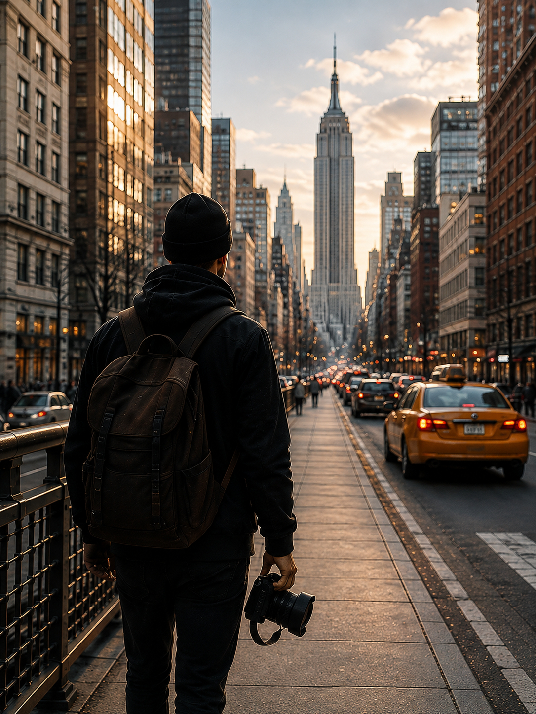 Cem Karahan während seines Praktikumssemesters in New York. Unterwegs mit Kamera vor der Skyline von Manhattan und dem Empire State Building.