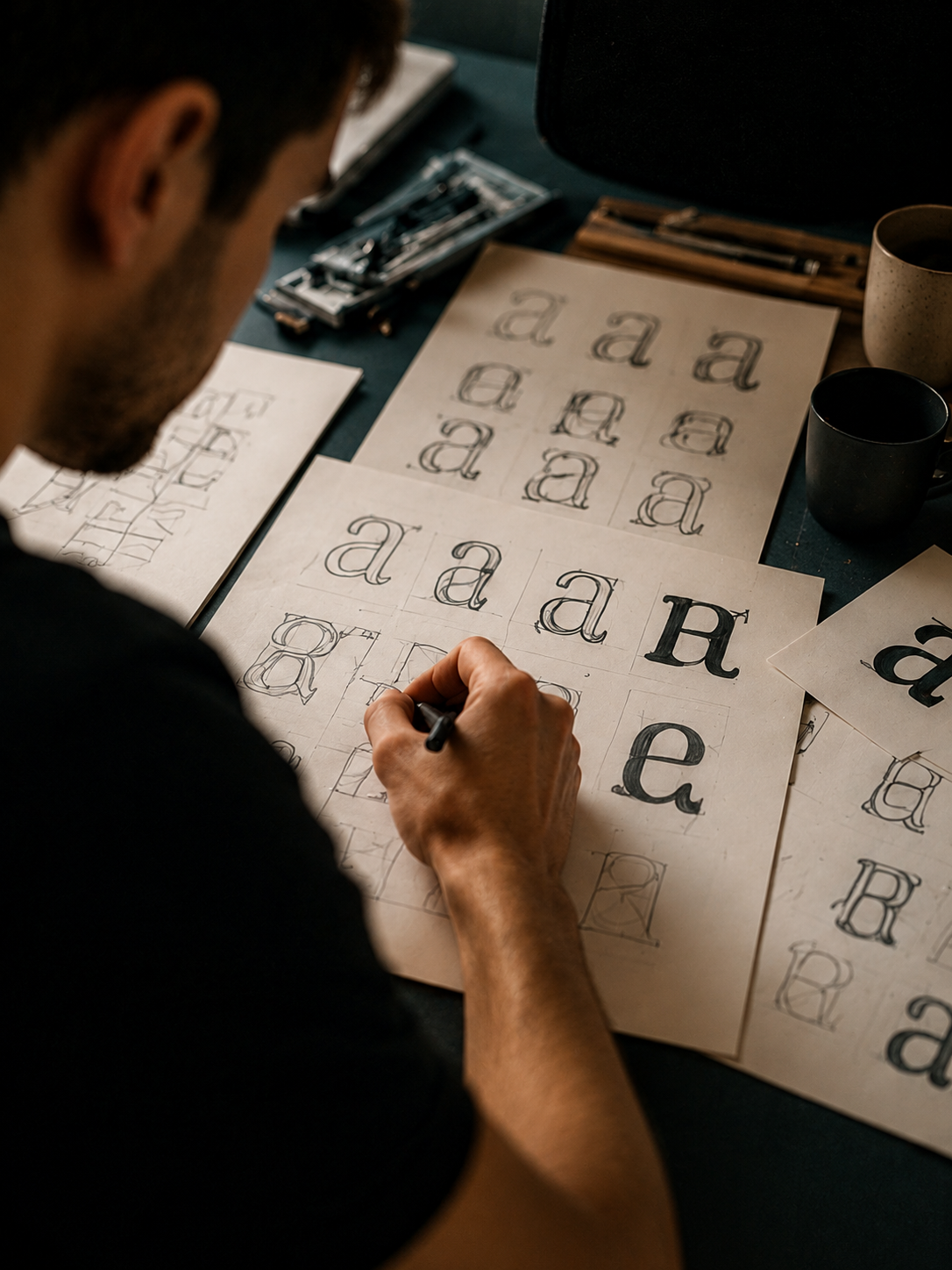 Cem Karahan entwirft und skizziert individuelle Typografie- und Schriftkonzepte von Hand als Teil des kreativen Logo- und Branding-Designprozesses.