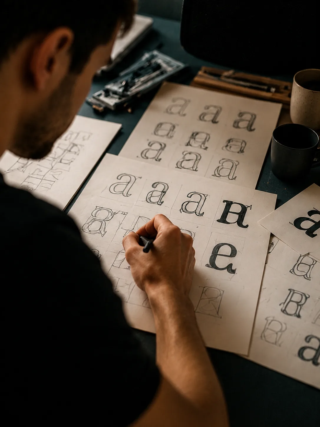Cem Karahan entwirft und skizziert individuelle Typografie- und Schriftkonzepte von Hand als Teil des kreativen Logo- und Branding-Designprozesses.