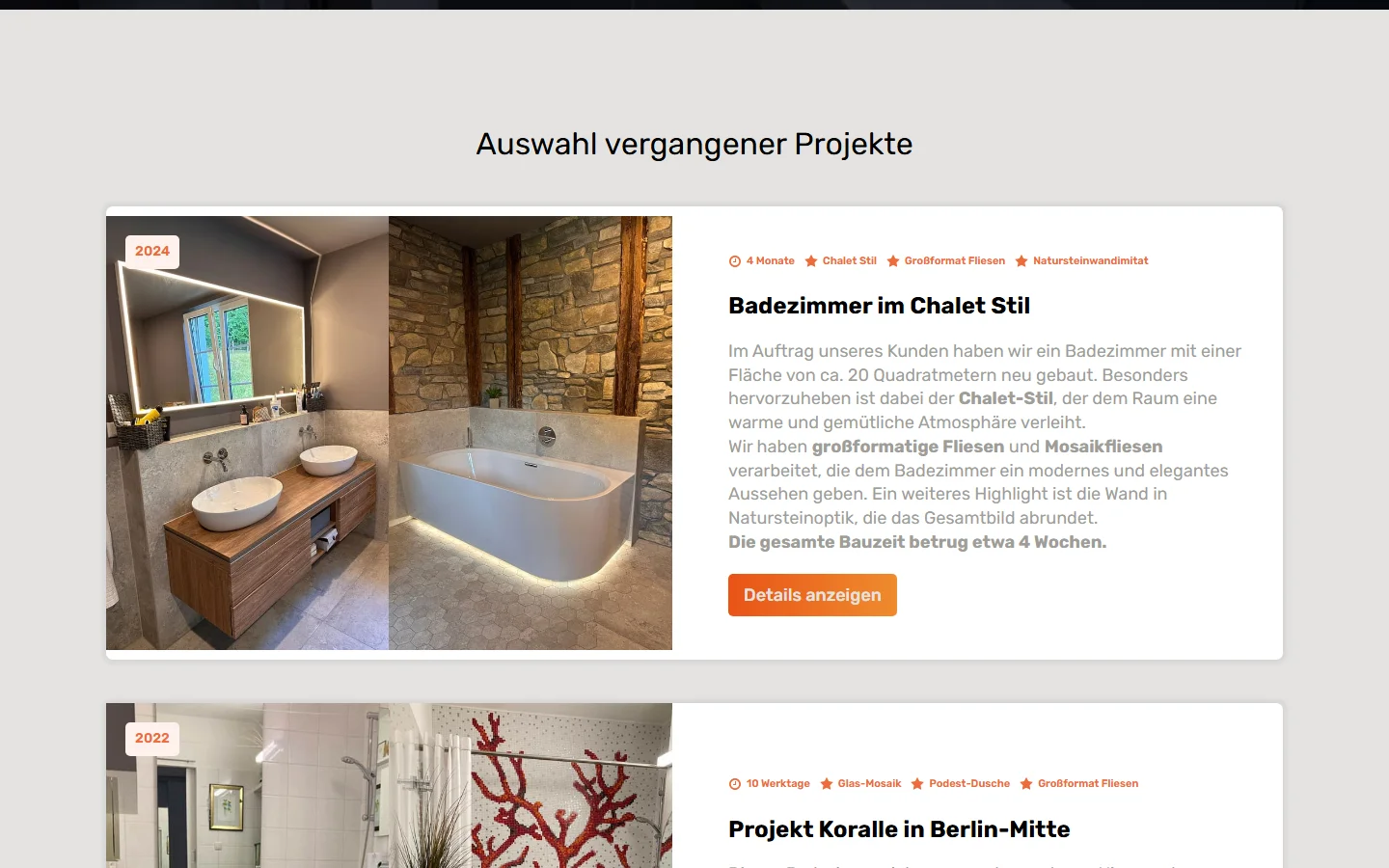 Website von Der Fliesenleger Berlin – Desktopansicht: Badezimmer im Chalet Stil