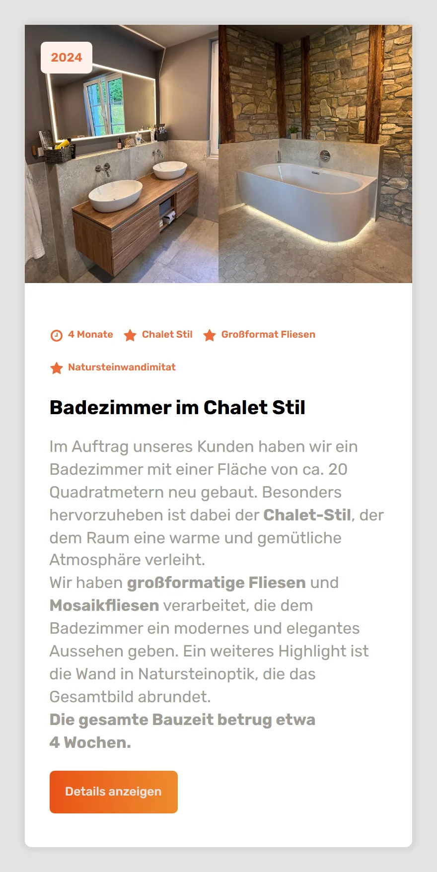 Website von Der Fliesenleger Berlin – Handyansicht: Badezimmer im Chalet Stil
