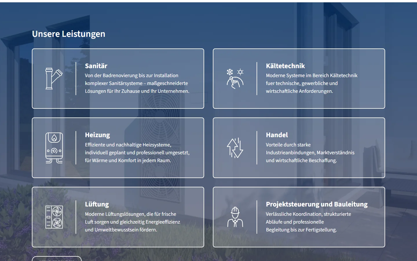 Website von DKK Gebäudetechnik GmbH – Desktopansicht: Unsere Leistungen