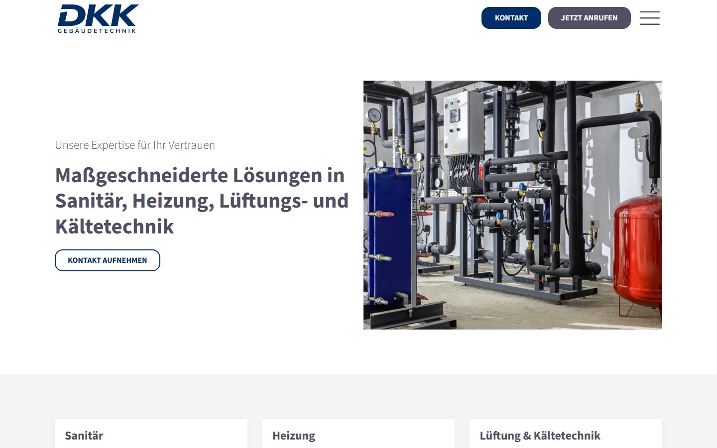 Website von DKK Gebäudetechnik GmbH – Desktopansicht: Leistungen