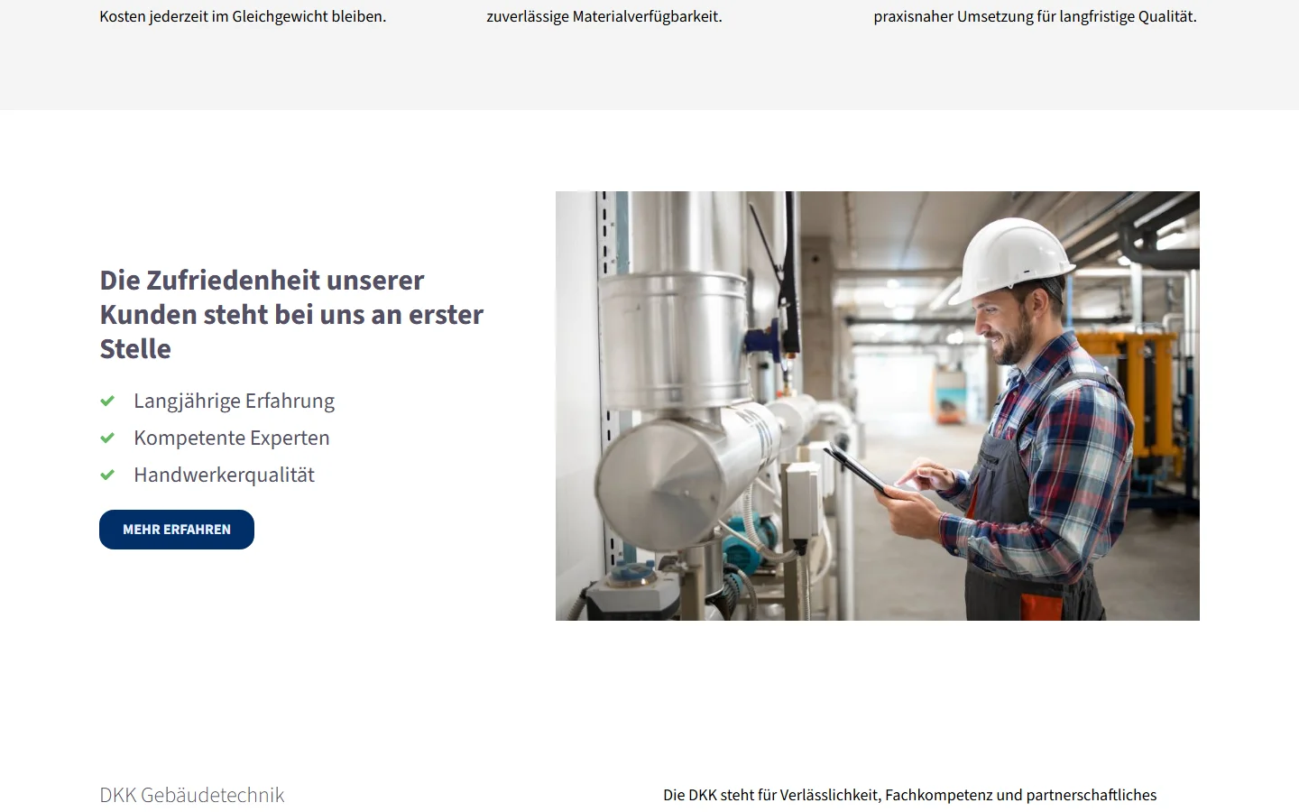 Website von DKK Gebäudetechnik GmbH – Desktopansicht: Die Zufriedenheit unserer Kunden steht bei uns an erster Stelle