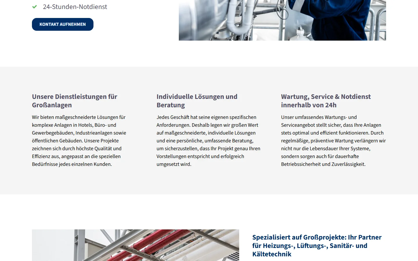 Website von DKK Gebäudetechnik GmbH – Desktopansicht: Unsere Dienstleistungen für Großanlagen