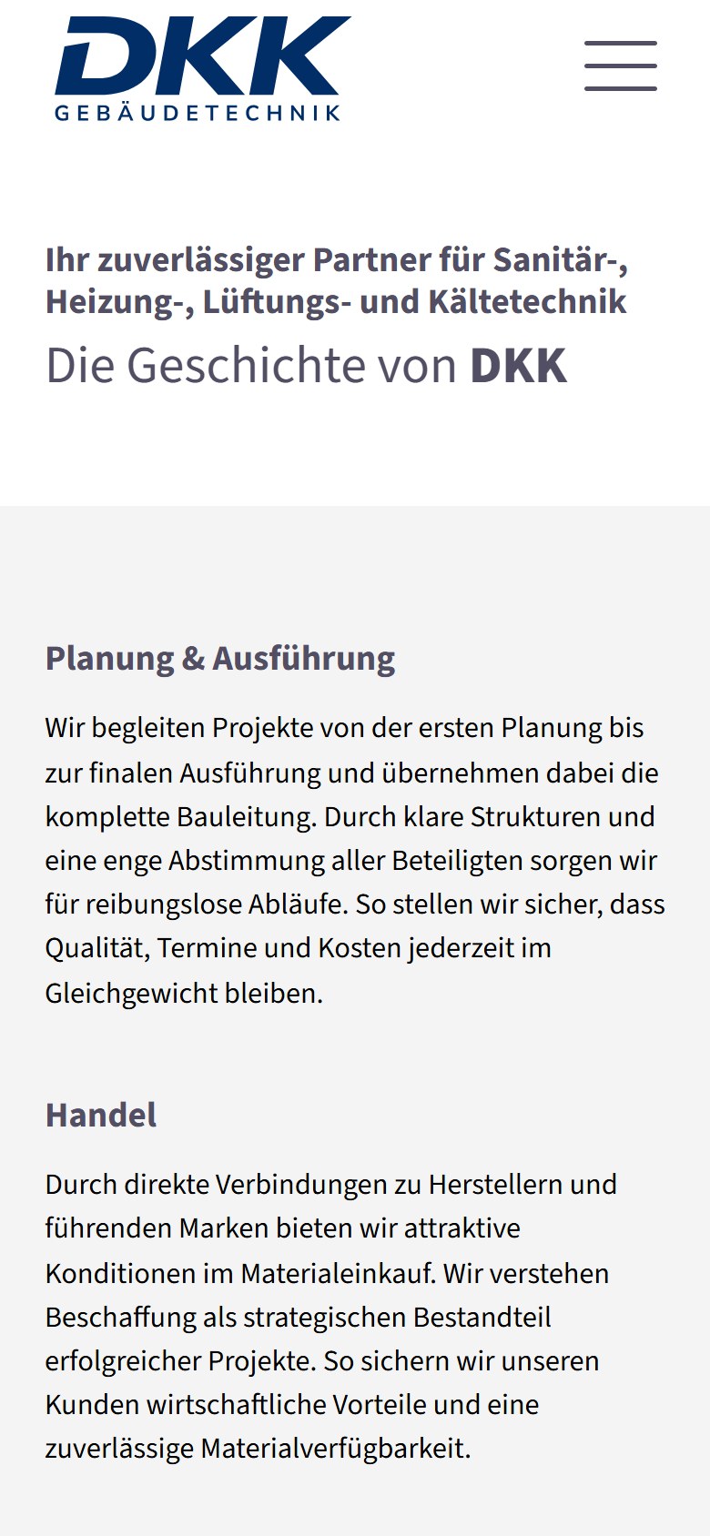 Website von DKK Gebäudetechnik GmbH – Handyansicht: Über Uns
