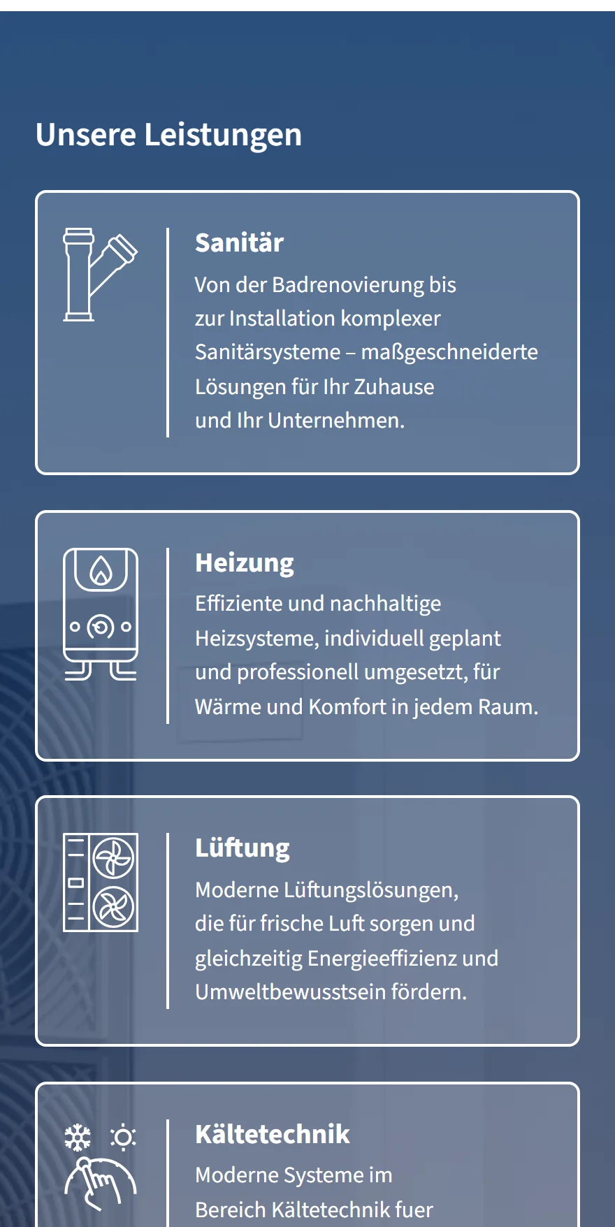 Website von DKK Gebäudetechnik GmbH – Handyansicht: Unsere Leistungen