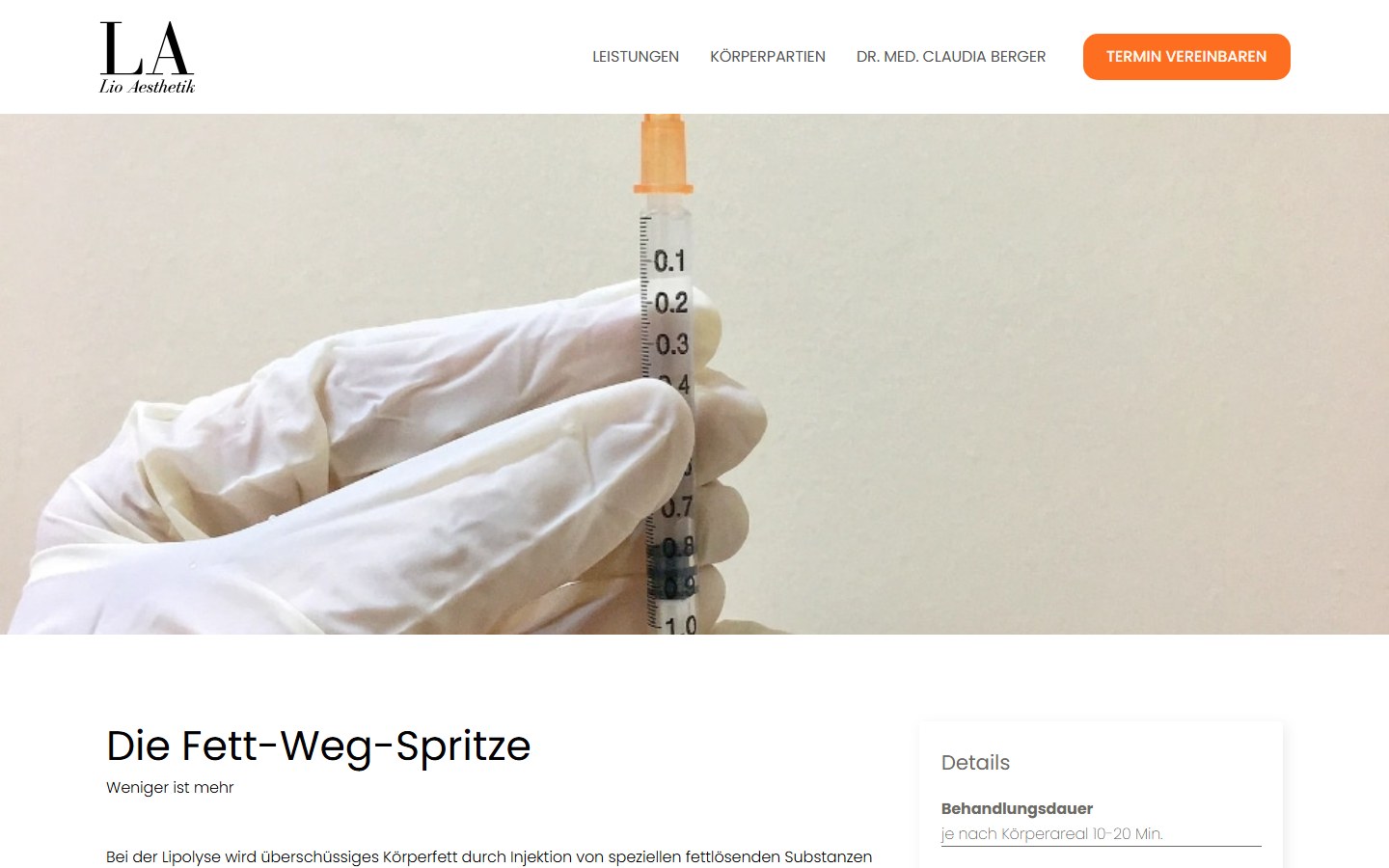 Website von Dr. med. Claudia Berger – Desktopansicht: Die Fett-Weg-Spritze