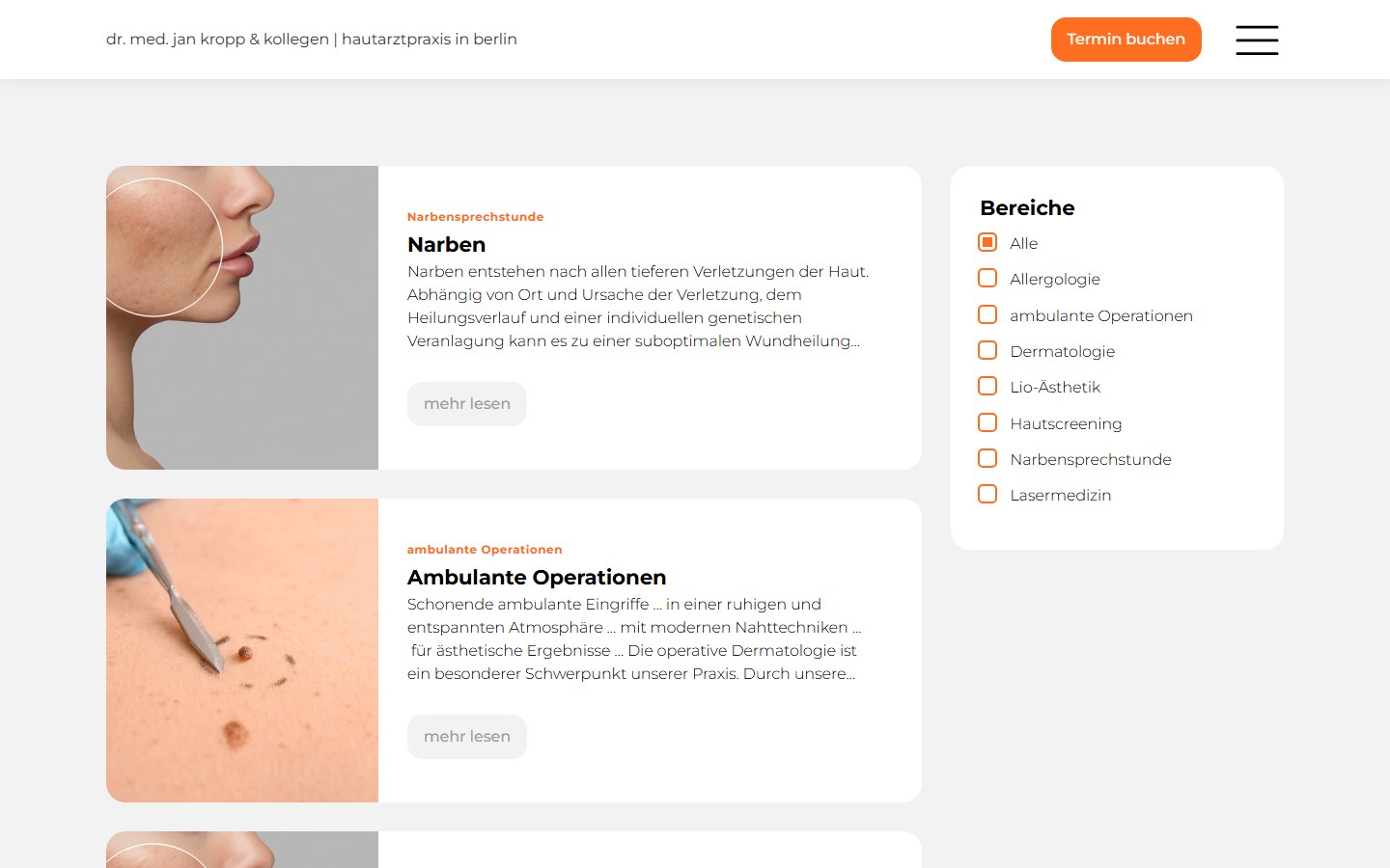 Website von Dr. med. Jan Kropp – Desktopansicht: Behandlungen