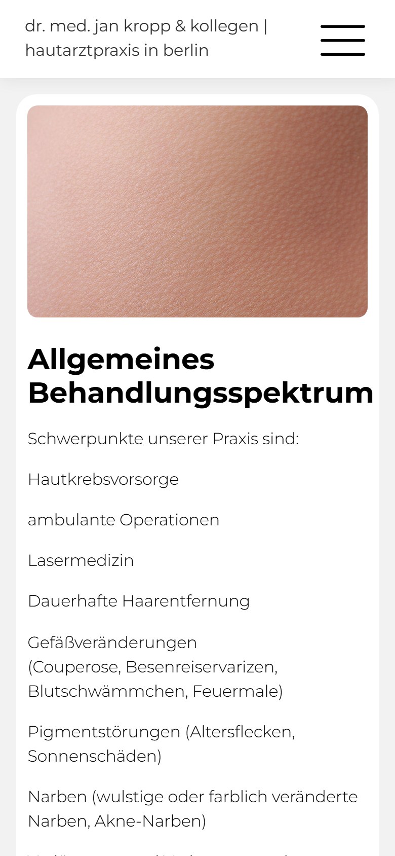 Website von Dr. med. Jan Kropp – Handyansicht: Allgemeines Behandlungsspektrum