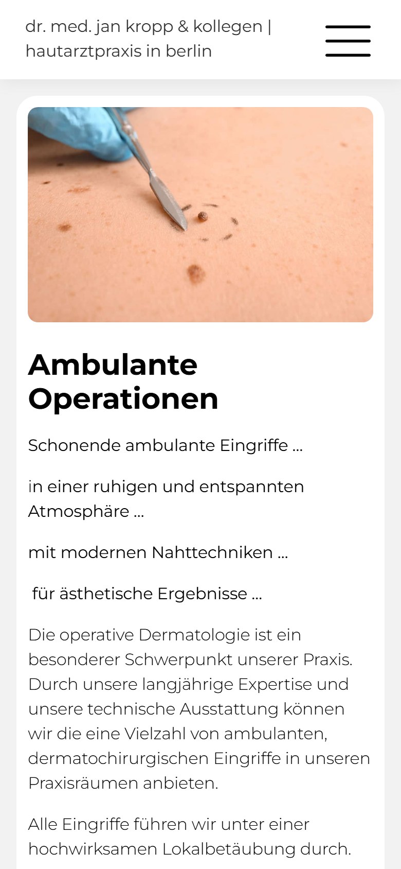Website von Dr. med. Jan Kropp – Handyansicht: Ambulante Operationen