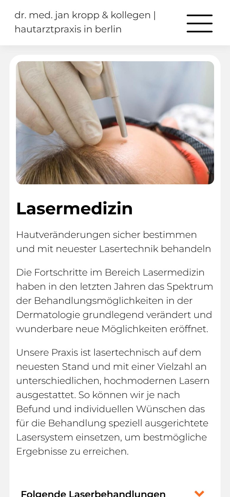 Website von Dr. med. Jan Kropp – Handyansicht: Lasermedizin