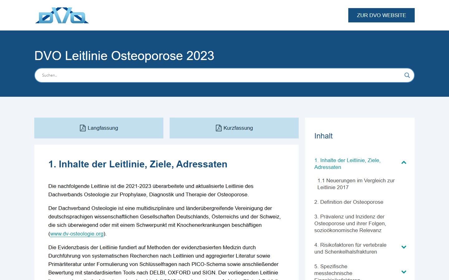 Website von DVO e.V. – Desktopansicht: 1. Inhalte der Leitlinie, Ziele, Adressaten
