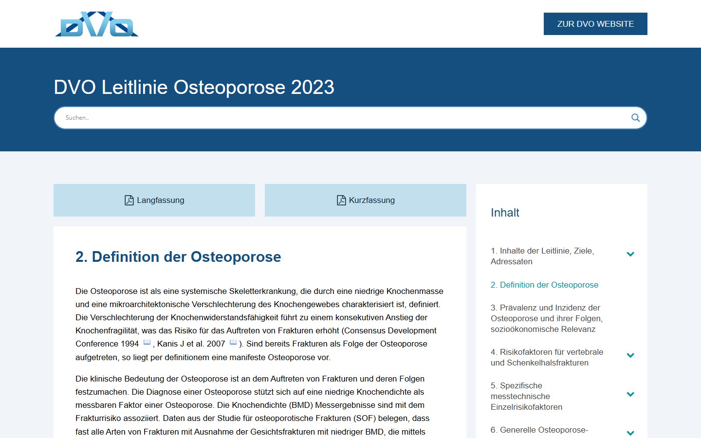 Website von DVO e.V. – Desktopansicht: 2. Definition der Osteoporose