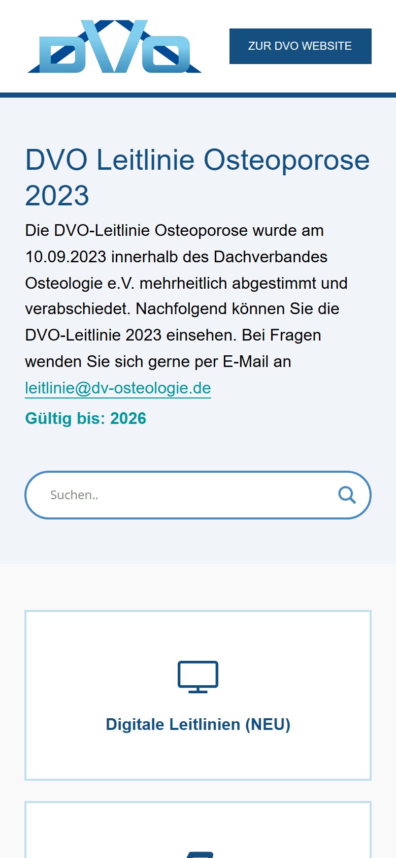 Website von DVO e.V. – Handyansicht: DVO Leitlinie Osteoporose 2023