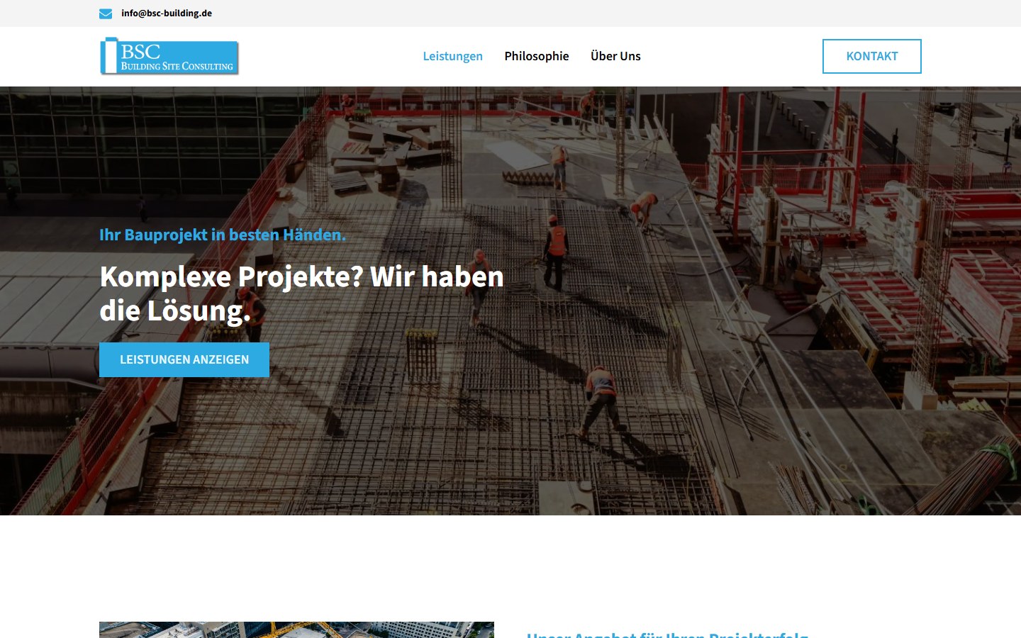 Website von Building Site Consulting GmbH – Desktopansicht: Umfassende Bauleistungen