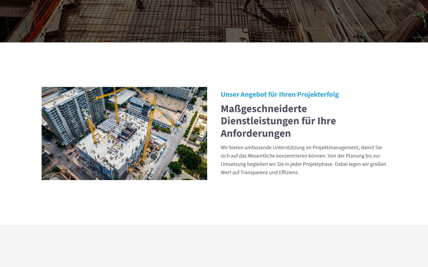 Website von Building Site Consulting GmbH – Desktopansicht: Unser Angebot für Ihren Projekterfolg