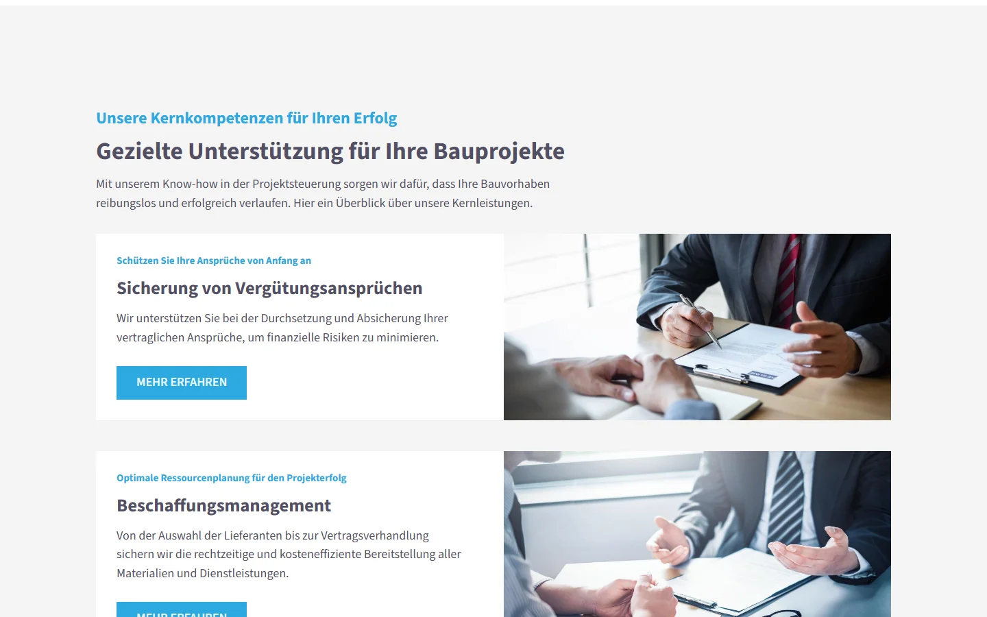 Website von Building Site Consulting GmbH – Desktopansicht: Unsere Kernkompetenzen für Ihren Erfolg