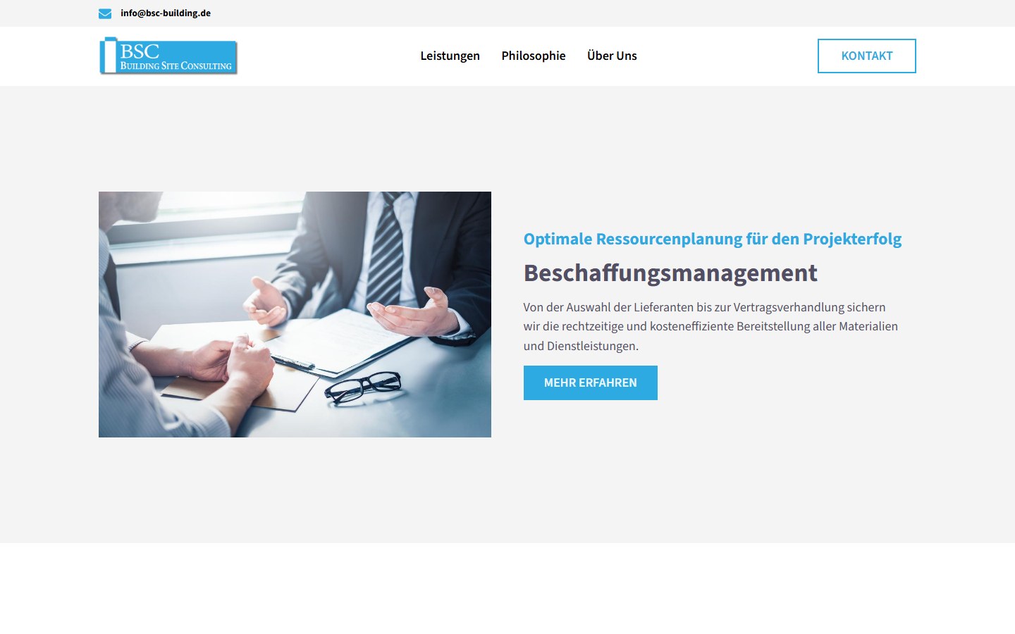 Website von Building Site Consulting GmbH – Desktopansicht: Optimiertes Beschaffungsmanagement