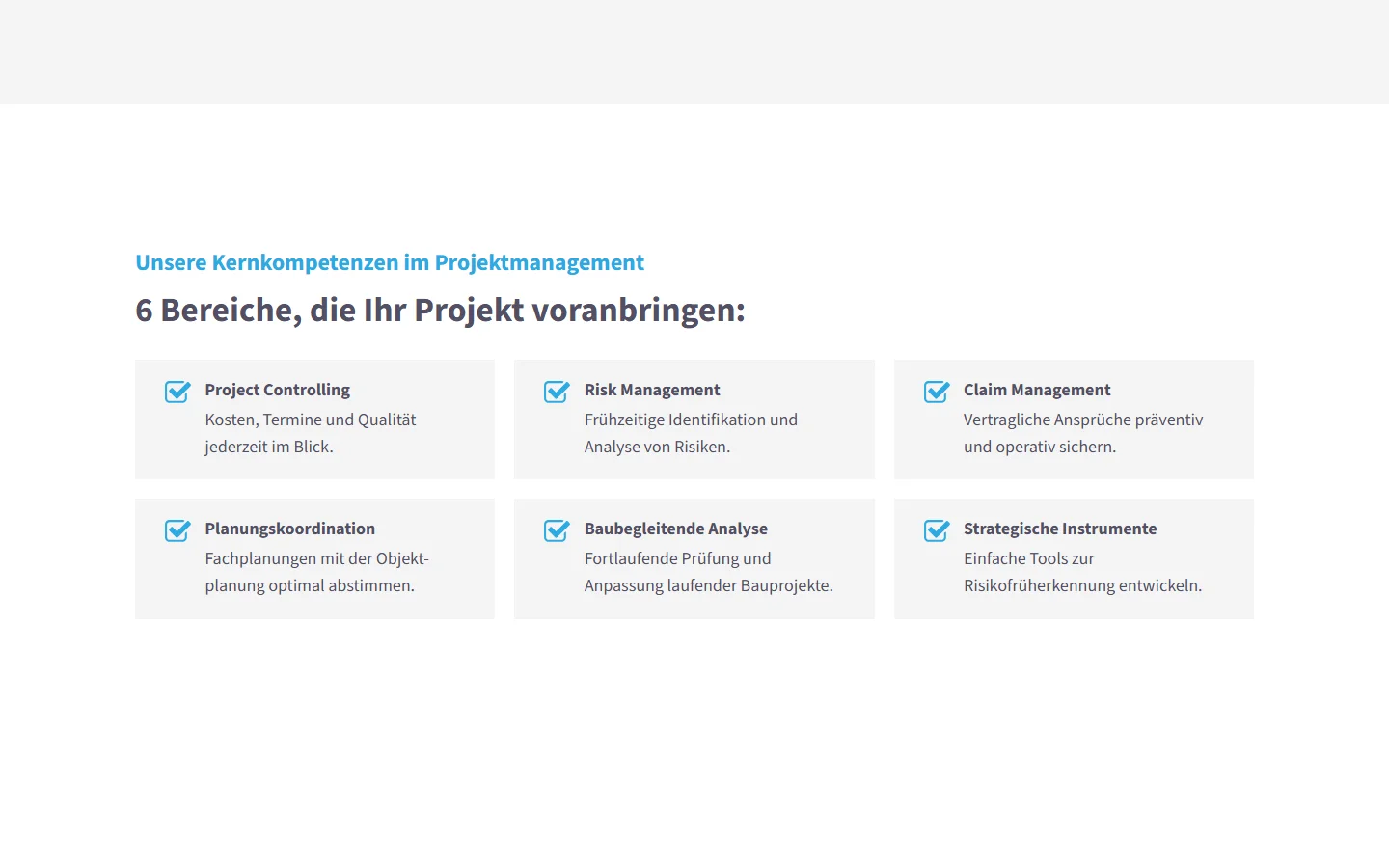 Website von Building Site Consulting GmbH – Desktopansicht: Unsere Kernkompetenzen im Projektmanagement