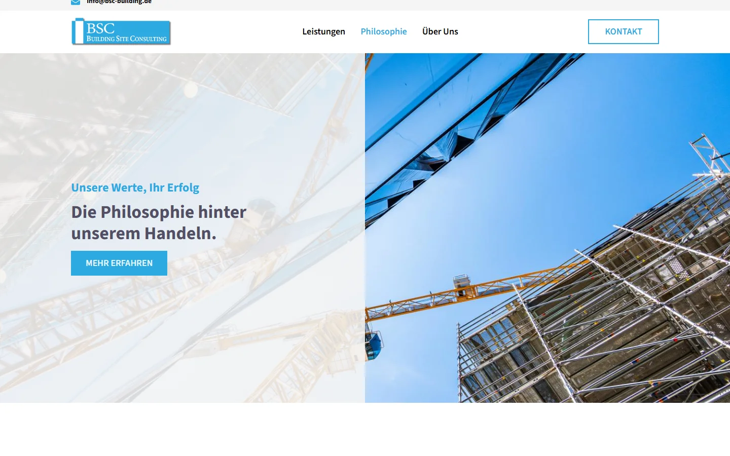 Website von Building Site Consulting GmbH – Desktopansicht: Unsere Werte, Ihr Erfolg