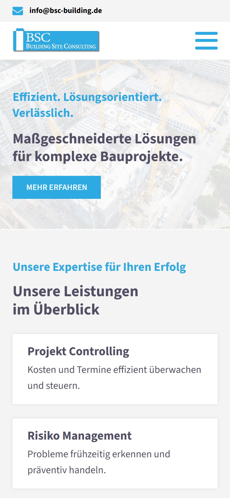 Website von Building Site Consulting GmbH – Handyansicht: Effiziente Lösungen für Bauprojekte