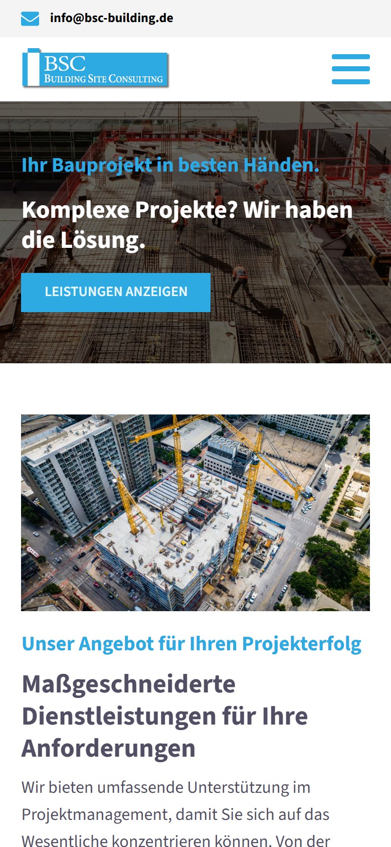 Website von Building Site Consulting GmbH – Handyansicht: Umfassende Bauleistungen