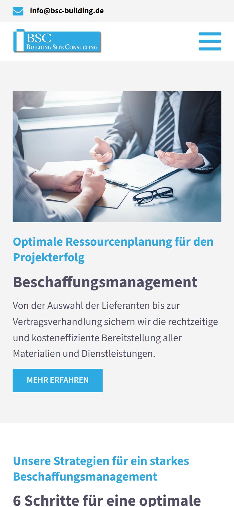 Website von Building Site Consulting GmbH – Handyansicht: Optimiertes Beschaffungsmanagement
