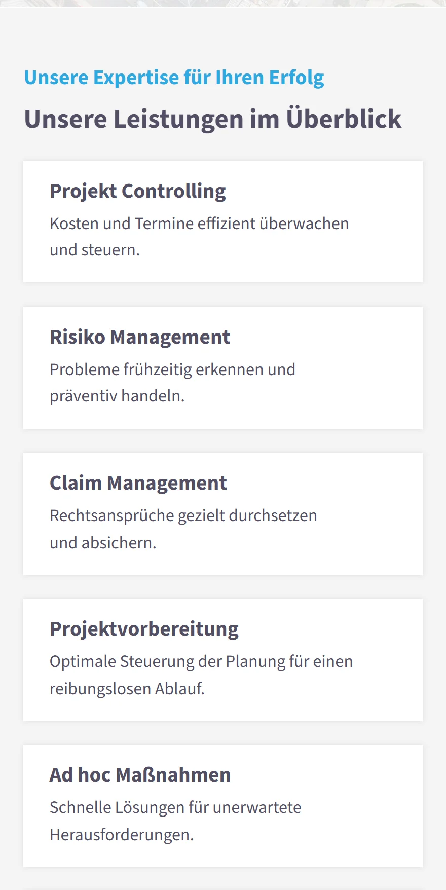 Website von Building Site Consulting GmbH – Handyansicht: Unsere Expertise für Ihren Erfolg