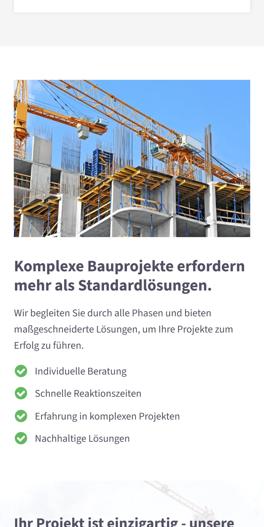 Website von Building Site Consulting GmbH – Handyansicht: Komplexe Bauprojekte erfordern mehr als Standardlösungen.