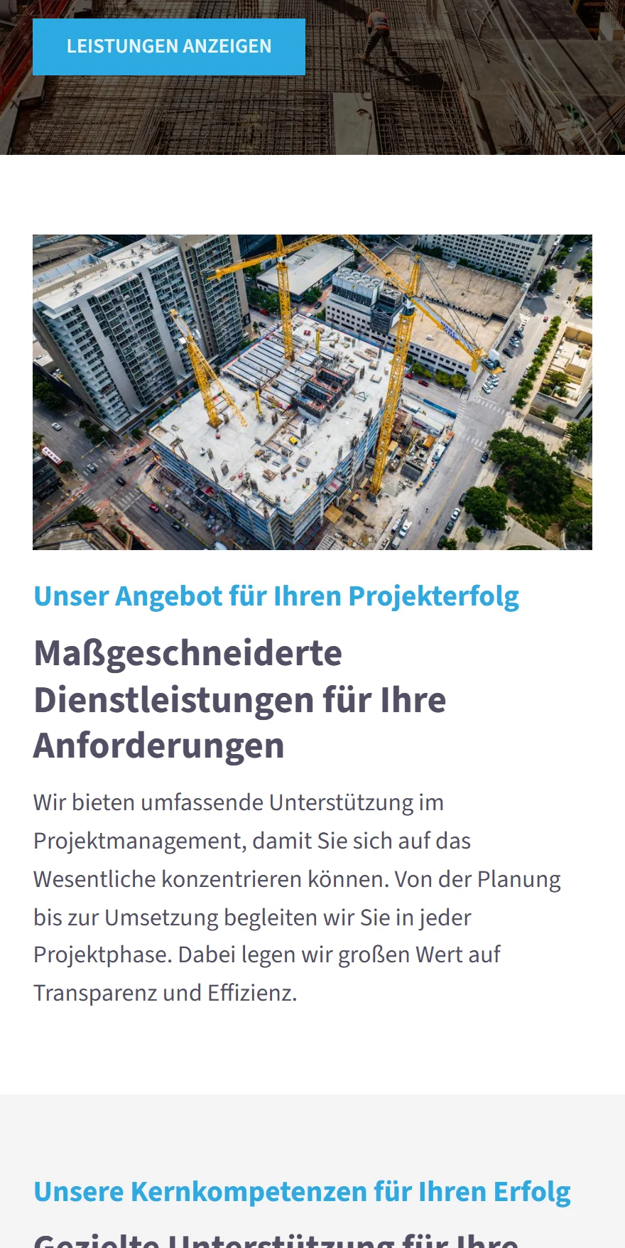 Website von Building Site Consulting GmbH – Handyansicht: Unser Angebot für Ihren Projekterfolg