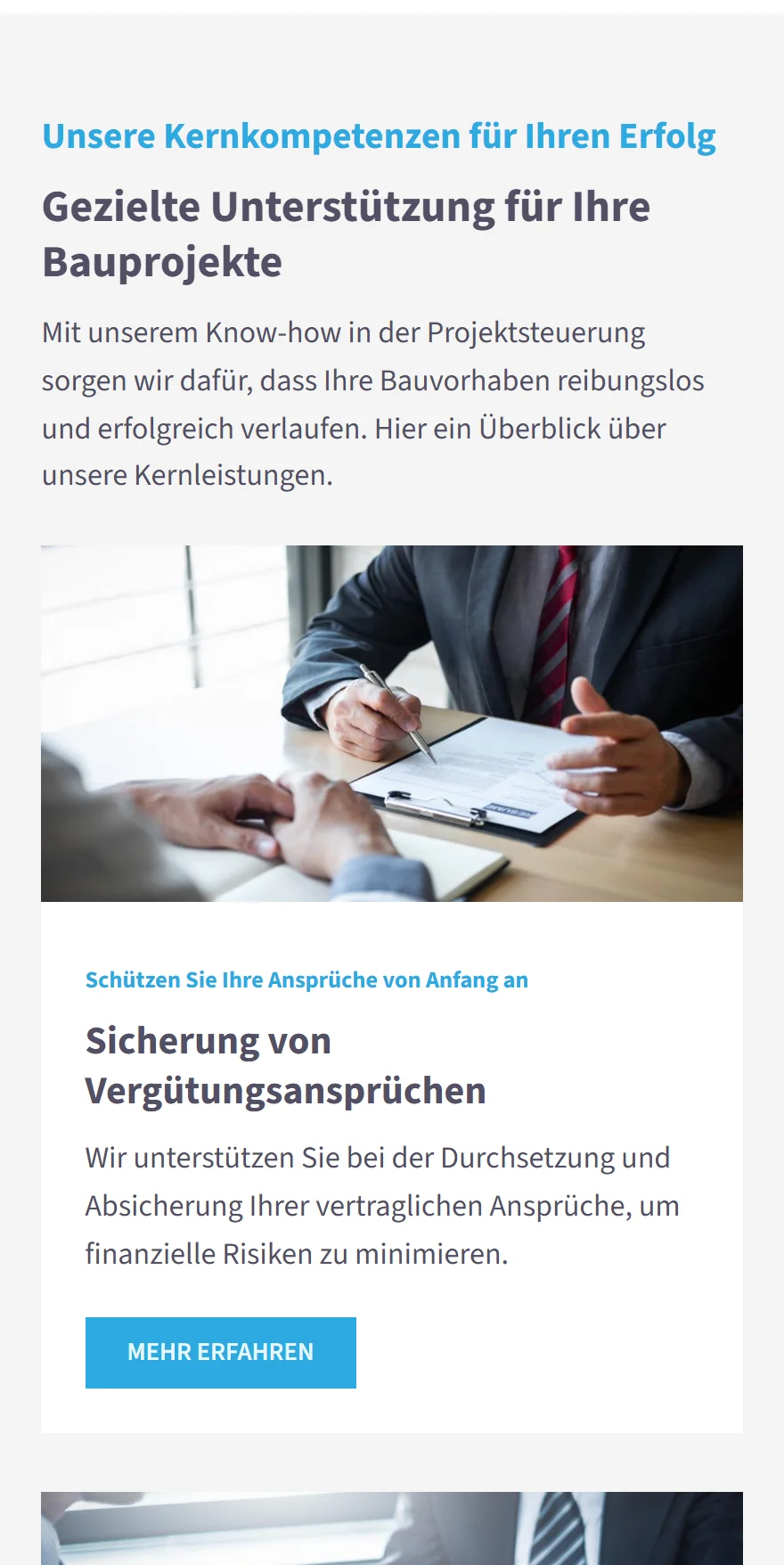 Website von Building Site Consulting GmbH – Handyansicht: Unsere Kernkompetenzen für Ihren Erfolg