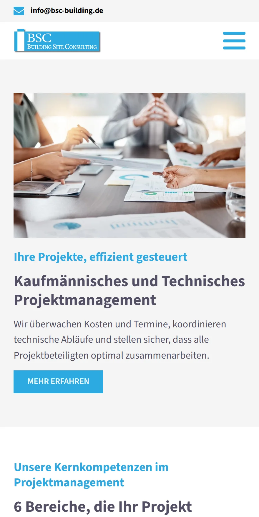 Website von Building Site Consulting GmbH – Handyansicht: Ihre Projekte, effizient gesteuert