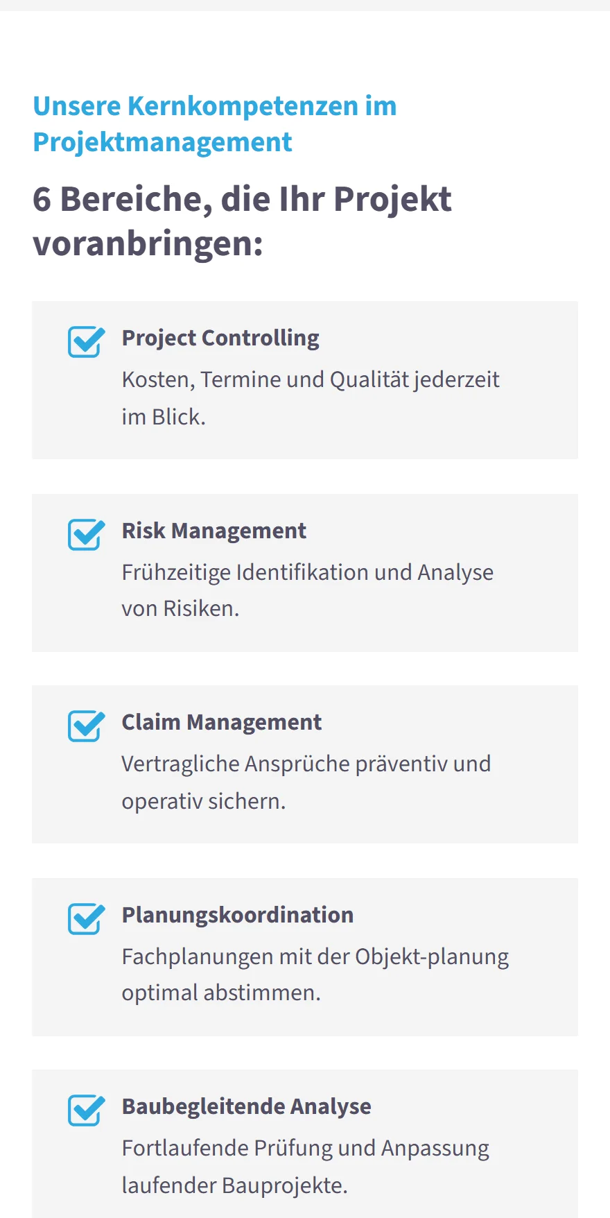 Website von Building Site Consulting GmbH – Handyansicht: Unsere Kernkompetenzen im Projektmanagement