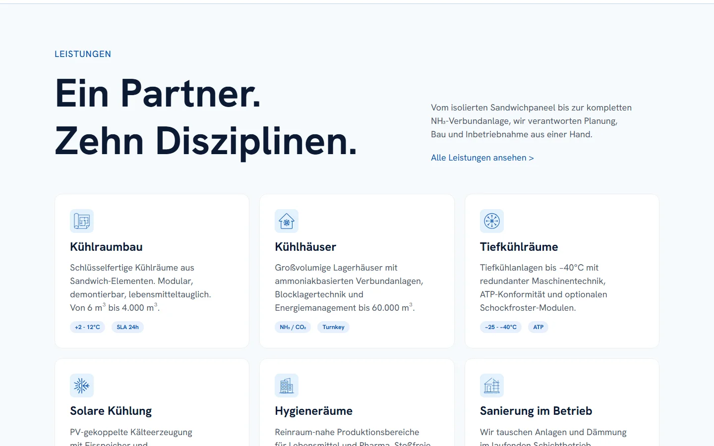 Website von Empor Kältetechnik – Desktopansicht: LEISTUNGEN