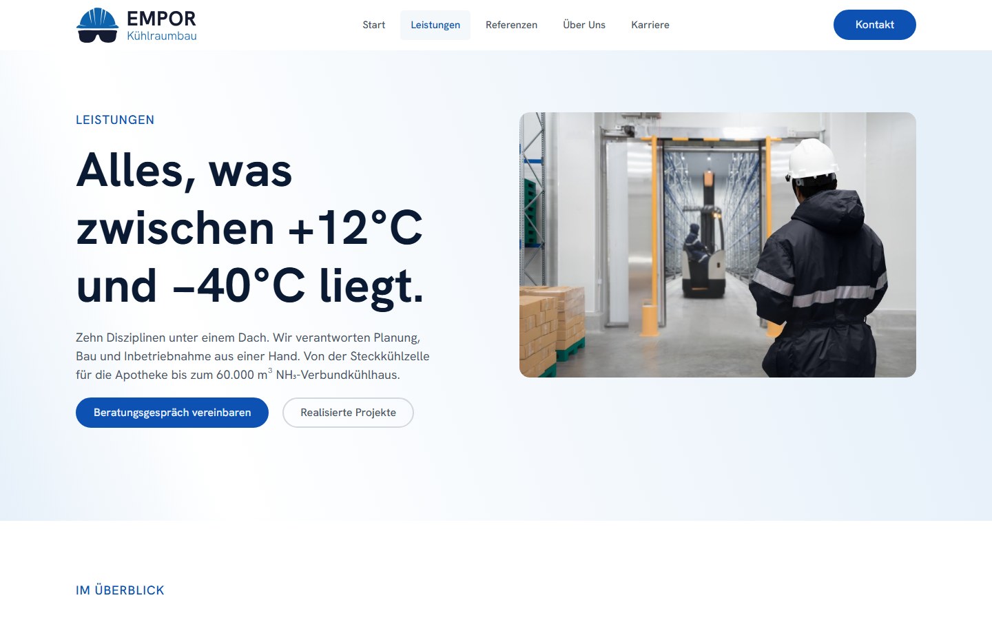 Website von Empor Kältetechnik – Desktopansicht: Leistungen – Empor Kältetechnik – Kühlraumbaum, 