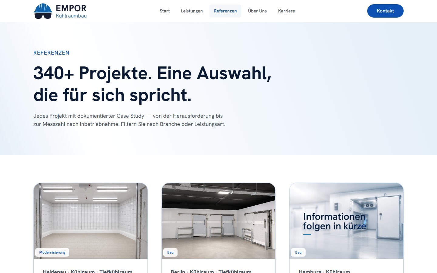 Website von Empor Kältetechnik – Desktopansicht: Unsere Projekte – Empor Kältetechnik – Kühlraumb