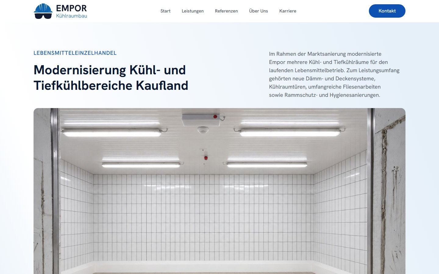 Website von Empor Kältetechnik – Desktopansicht: Modernisierung Kühl- und Tiefkühlbereiche Kaufland – E