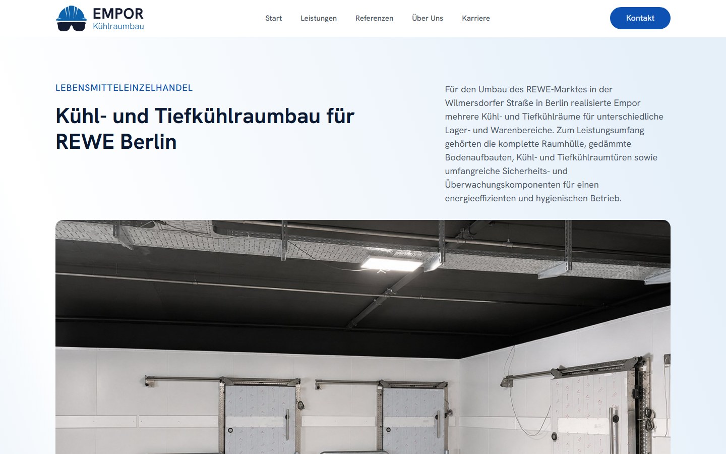 Website von Empor Kältetechnik – Desktopansicht: Kühl- und Tiefkühlraumbau für REWE Berlin – Empor Kält