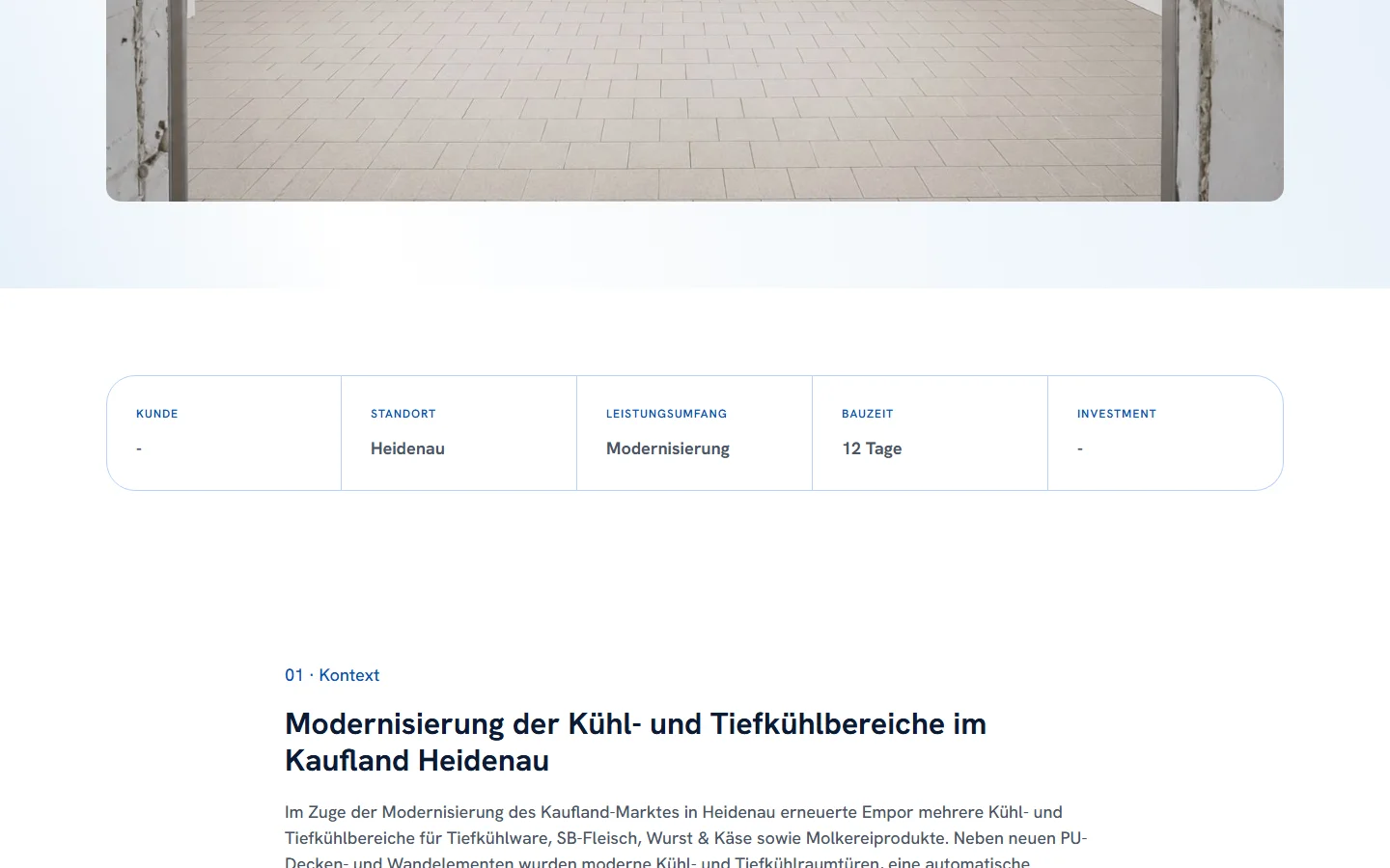 Website von Empor Kältetechnik – Desktopansicht: Modernisierung Kühl- und Tiefkühlbereiche Kaufland – E
