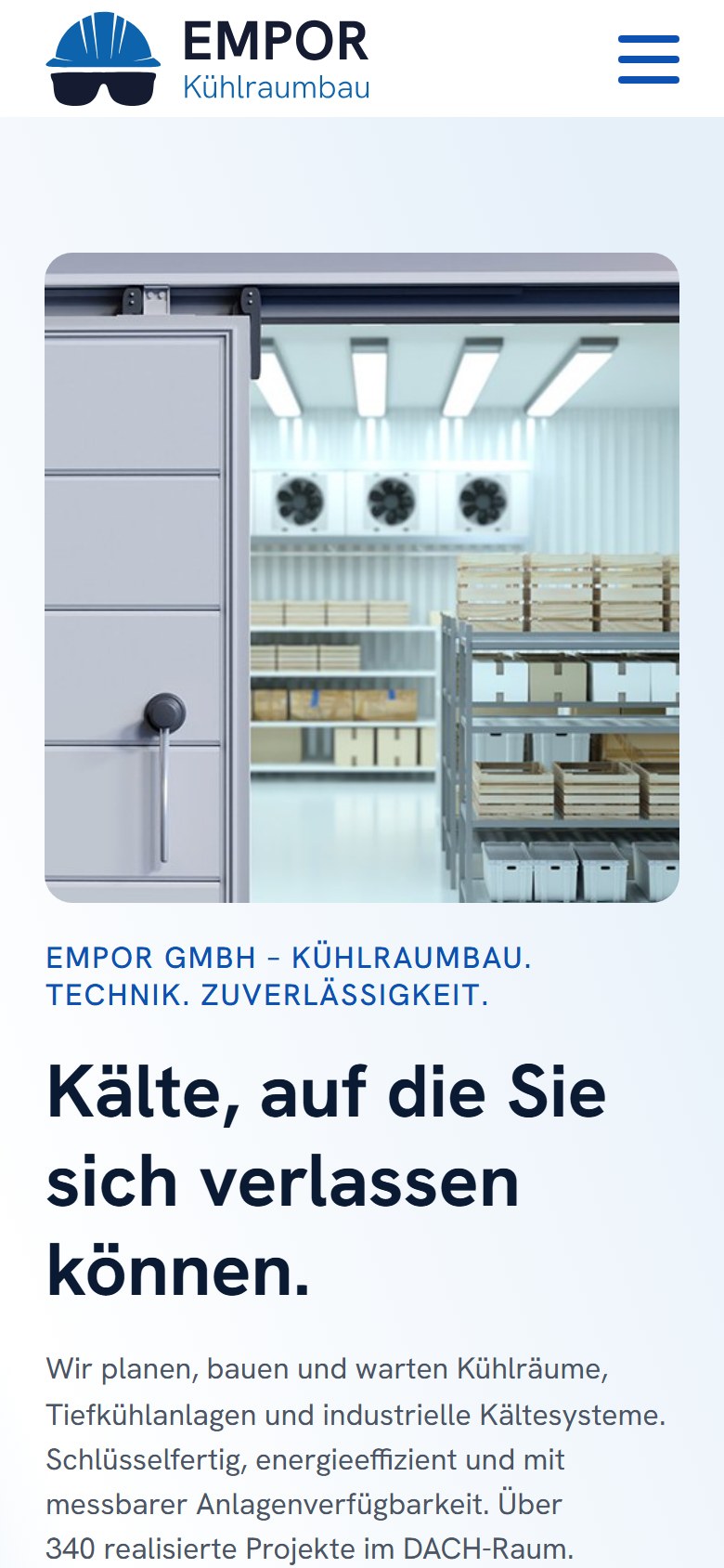 Website von Empor Kältetechnik – Handyansicht: Empor Kältetechnik – Kühlraumbaum, Kühlhäuser, Industr