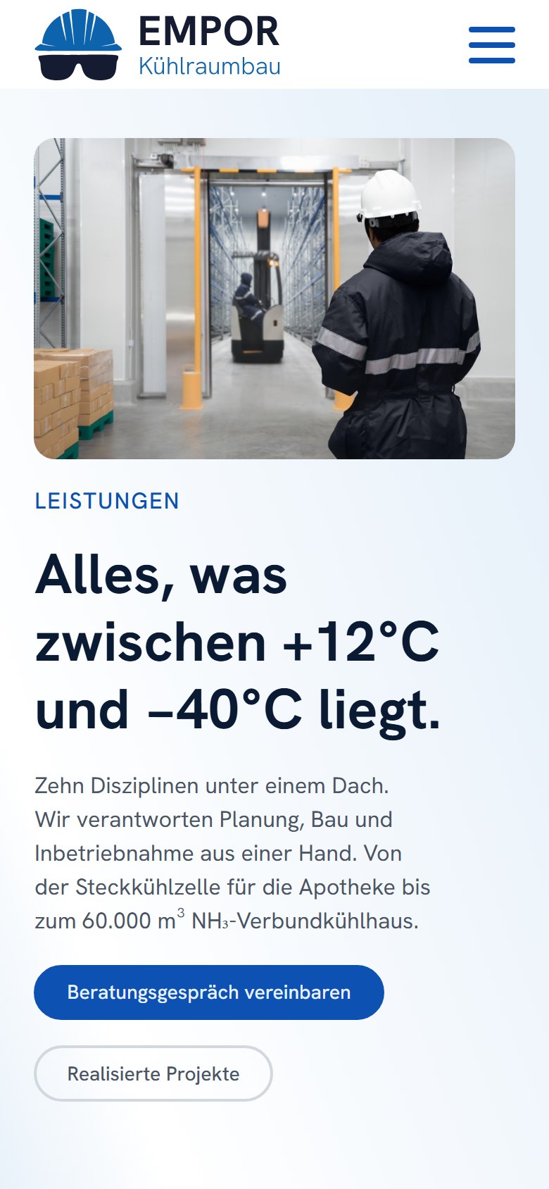 Website von Empor Kältetechnik – Handyansicht: Leistungen – Empor Kältetechnik – Kühlraumbaum, 