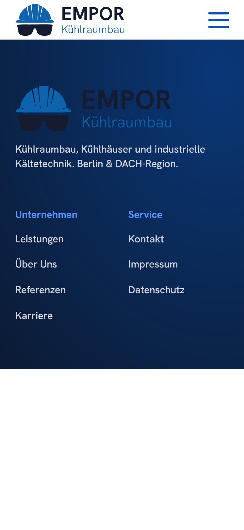 Website von Empor Kältetechnik – Handyansicht: Modernisierung – Empor Kältetechnik – Kühlraumba