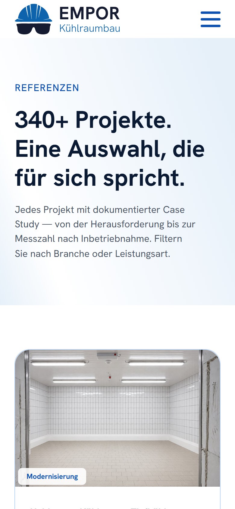Website von Empor Kältetechnik – Handyansicht: Unsere Projekte – Empor Kältetechnik – Kühlraumb